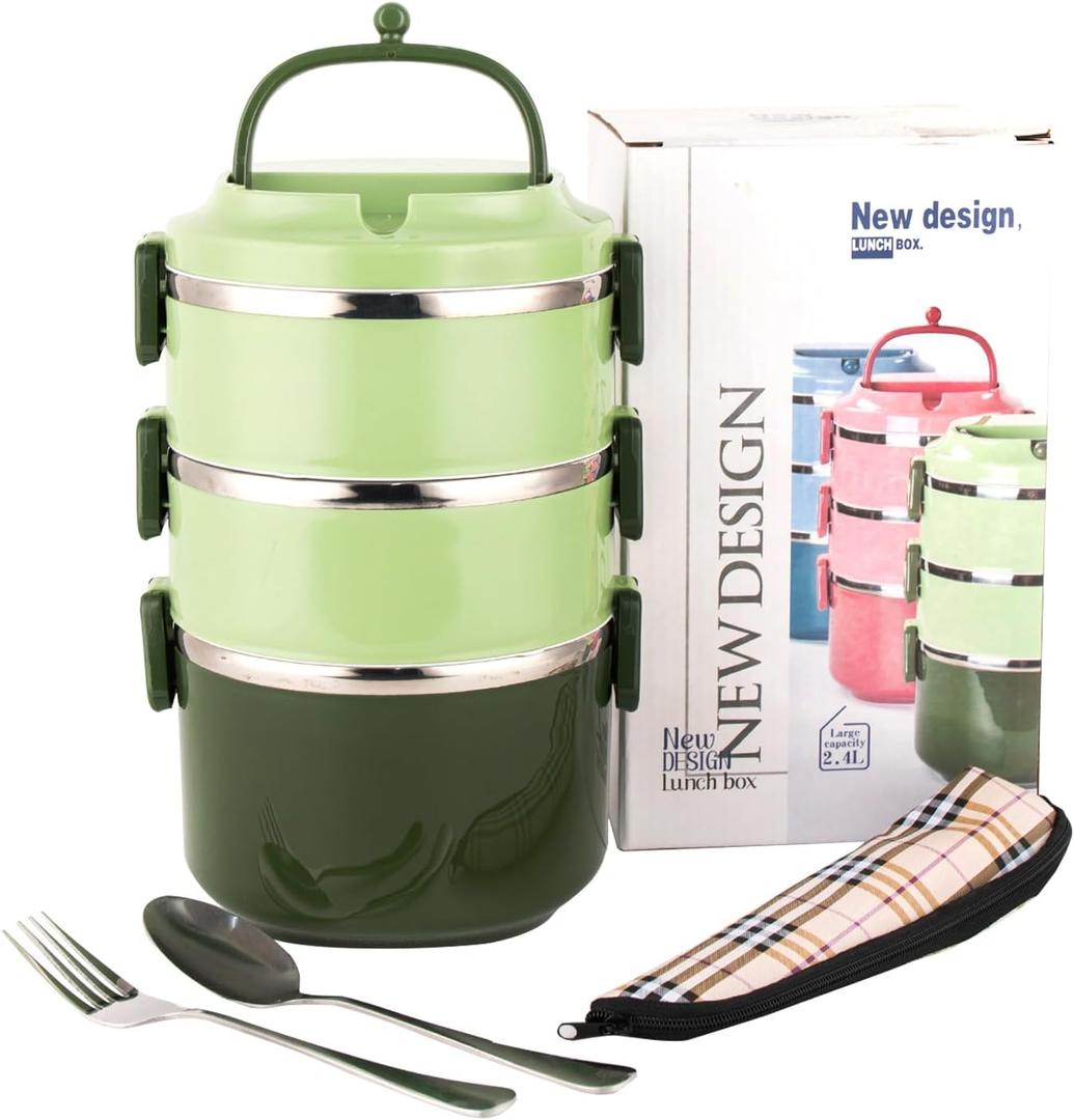 SANQIAHOME 3 Tier Stackable Stainless Steel Lunch Box Sealed(green, 3 layers) with spoon and fork