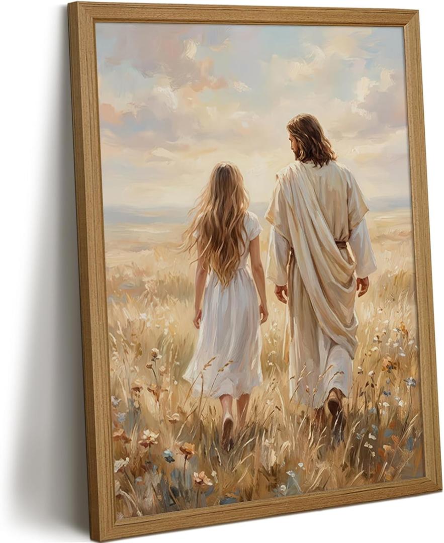 Jesus Walking With Me Wall Art Christian Canvas Wall Decor Jesus Women Poster Christ Pictures Religious Lds Art Prints Christian Portrait Painting for Living Room Bedroom 16x24 Inch Framed
