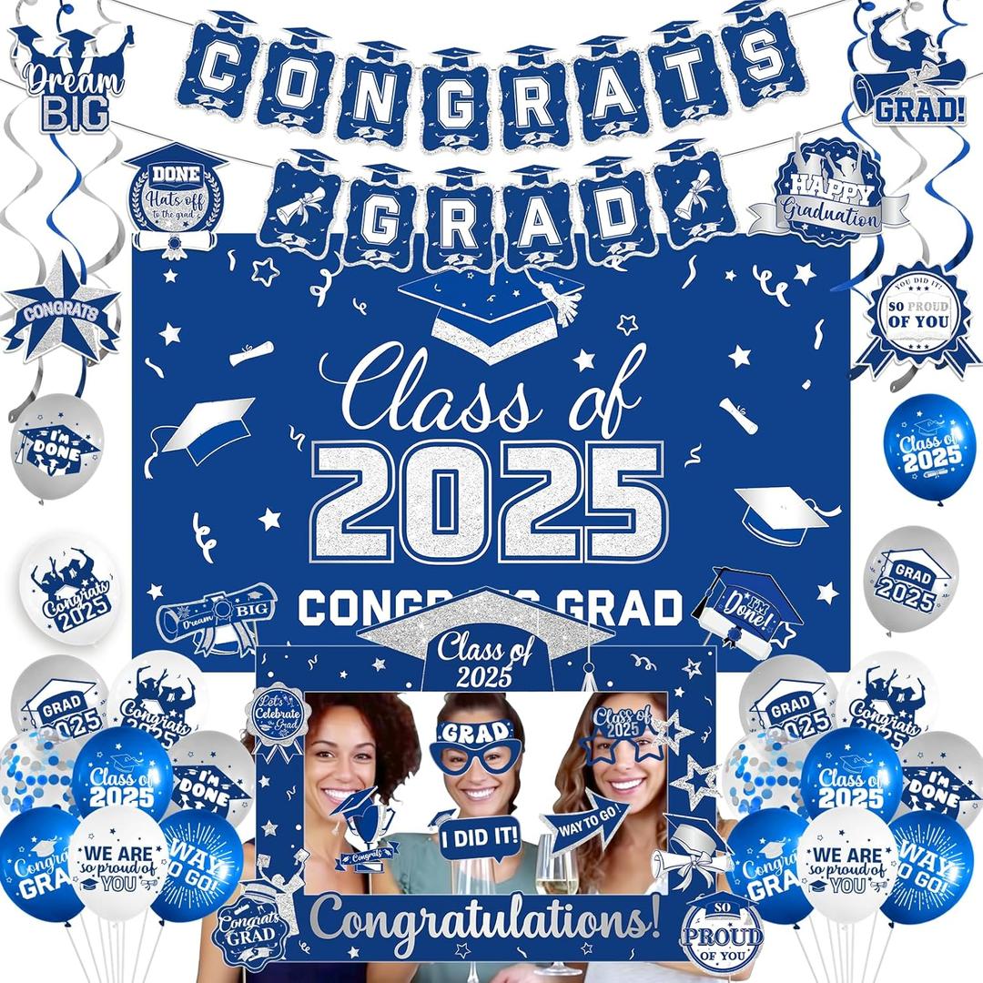 Blue and White Congrats Grad Banner Class of 2025 Decorations Graduation Decorations 2025 Grad Party Decor 2025 Graduation Balloons Backdrop Hanging Swirls Photo Props