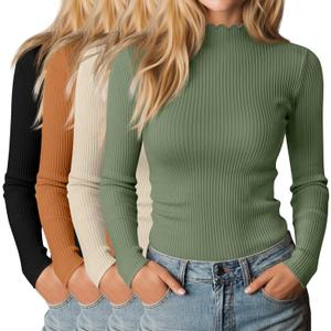 Riyiper 4 Pack Cotton Women's Mock Turtleneck Long Sleeve Tops Ribbed Lettuce Trim Slim Fit Basic Shirts Thermal Base Layer (Medium, Matcha Green, Light Beige, Orange, Black)