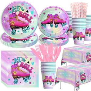 APOWBLS Roller Skating Party Supplies For Girl - Roller Skate Party Decorations Tableware, Paper Plates, Cups, Napkins, Tablecloth, Cutlery, Let's Roll Roller Skate Birthday Party Supplies | Serve 24