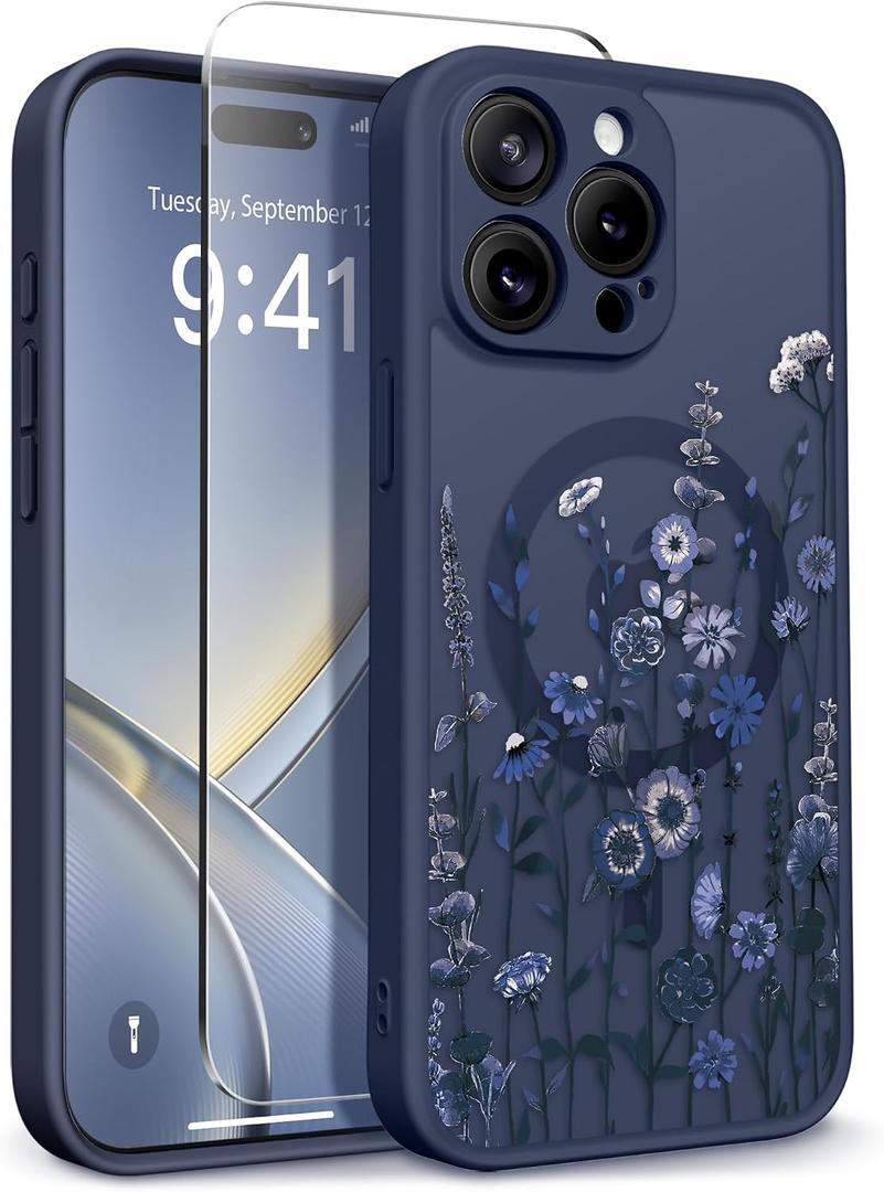 GVIEWIN for iPhone 15 Pro Max Case Compatible with MagSafe, [Military Grade Protection] [Screen Protector] Full Camera Protection Floral Translucent Women Magnetic Phone Case, Floratopia/Blue