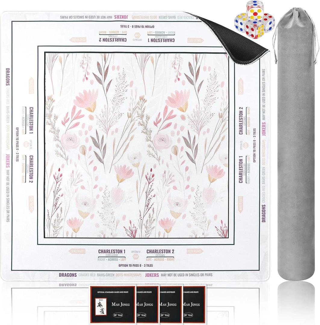 Yun-aeon Mahjong Mat 32.6"x32.6" - Aesthetic Soft Floral Pattern Non-Slip Mahjong Mat, Waterproof Table Protector for Card Games, Poker, Dominoes & Board Games, with Dice & Velvet Bag