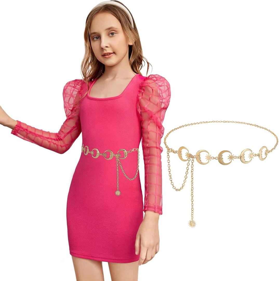 SUOSDEY Kids Metal Waist Chain Belt, Shiny Adjustable Chain Waist Belt for Girls Dress, Skirts, Jumpsuit, 31.5 Inches Long (fits waist size 18"-26", C-gold(moon)