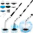 Electric Spin Scrubber with Long Handle, IPX7 Waterproof Cordless Electric Cleaning Brush, Shower Scrubber Bathroom Cleaner Brush with 7 Replaceable Brush Heads, 2 Speeds Scrubber for Floor Tile Tub (White-black)