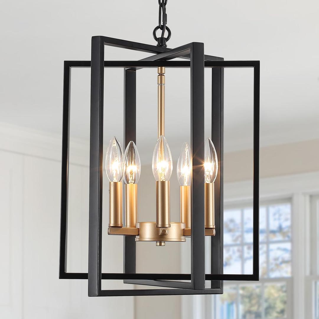 Black and Gold Modern Farmhouse Chandeliers for Dining Room, 5-Light Pendant Light Fixture Adjustable Industrical Entryway Light Fixture Hanging Chandelier for Kitchen Island Entryway Hallway Foyer