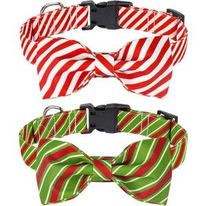 Malier 2 Pack Dog Collar with Bow tie, Christmas Classic Plaid Snowflake Dog Collar with Light Adjustable Buckle Suitable for Small Medium Large Dogs Cats Pets (Small, Red + Green)