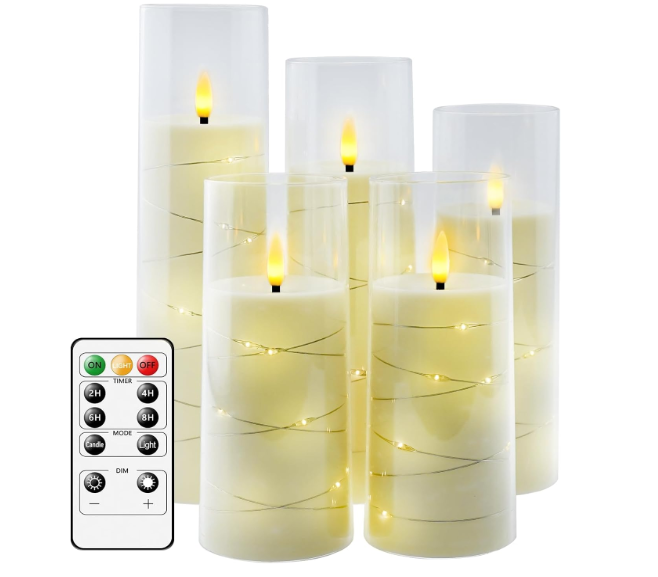 kakoya Flameless LED Candles with Timer 5 Pc Flickering Flameless Candles for Romantic Ambiance and Home Decoration Stable Acrylic Shell,with Embedded Star String，Battery Operated Candles（White）