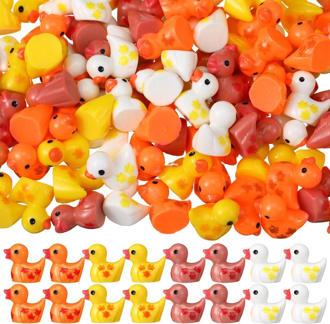 Realspring 100 Pcs Thanksgiving Mini Resin Ducks Tiny Maple Leave Duck Figurines Bulk for Garden Micro Landscape Thanksgiving Theme Leaf Patterns Ornament for Autumn Party Favors DIY Craft