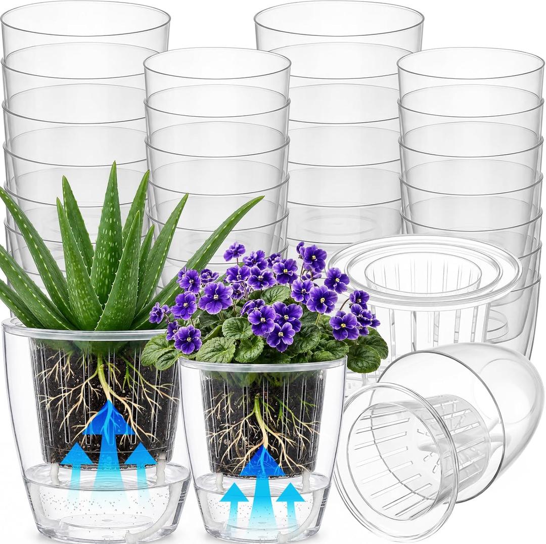 36 Pcs Self Watering Pots 3.5 Inch, 4.3 Inch Plastic Flower Plant Pot with Inner Pot Self Watering Wick Planter White Clear Flower Pots for Indoor House Plants Herbs, Flowers, (Transparent)