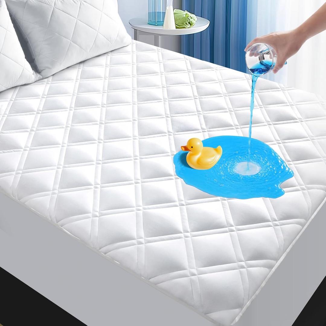 MEELUS Padded Queen Mattress Protector, Breathable Waterproof Mattress Pad Cover Fitted Deep Pocket 8"-21", Soft Noiseless Mattress Cover Washable Cooling for Home Hotel Bedroom, White