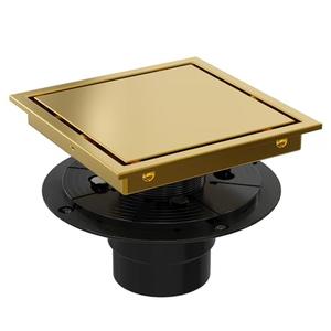 Heaorld Square Shower Drain 6 Inch with Flange, Brushed Gold Reversible 2 in 1 Tile Insert Grate Removable, 304 Stainless Steel Shower Floor Drain Kit, Hair Catcher