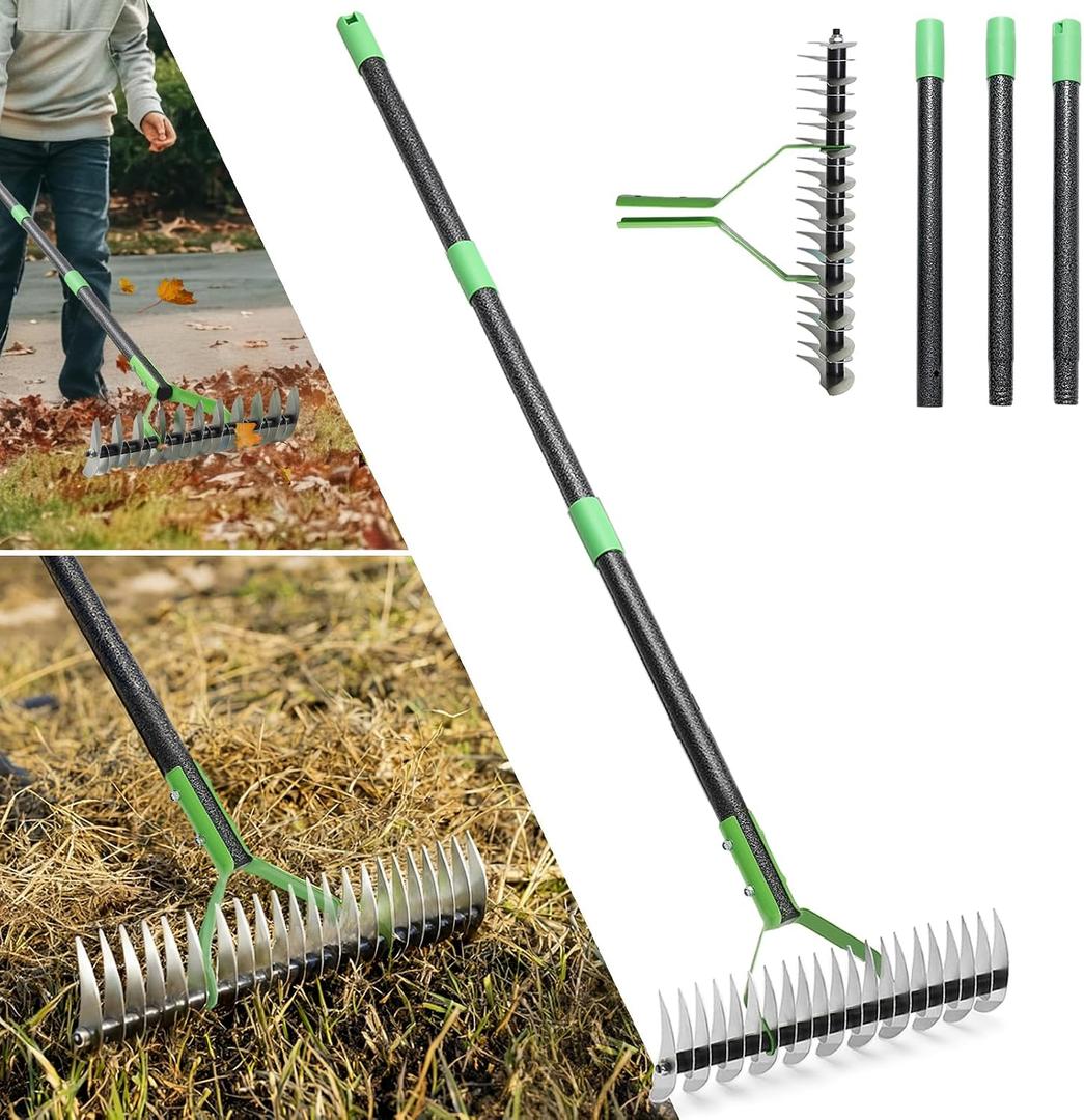 Thatch Rake, 13" Wide Efficient Dethatcher Rake with 55" Adjustable Long Handle, Heavy Duty Steel Metal Dethatching Rakes for Cleaning Dead Grass, Loosening Soil, Lawn Care in Yard Garden