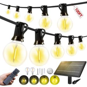 100FT Solar Lights Outdoor Waterproof: G40 30M Shatterproof Bulbs Patio Lights - Solar Powered Remote Control 3 Light Modes Dimmable Solar Light - Camping Backyard Garden Deck Outside Yard