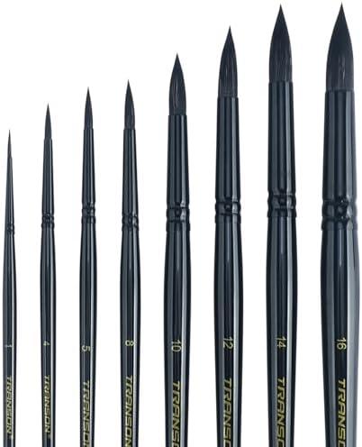 Transon Round Watercolor Paint Brush Set Goat Hair for Watercolors,Acrylics,Inks,Gouache,Oil and Tempera Black Color, Pack of 6