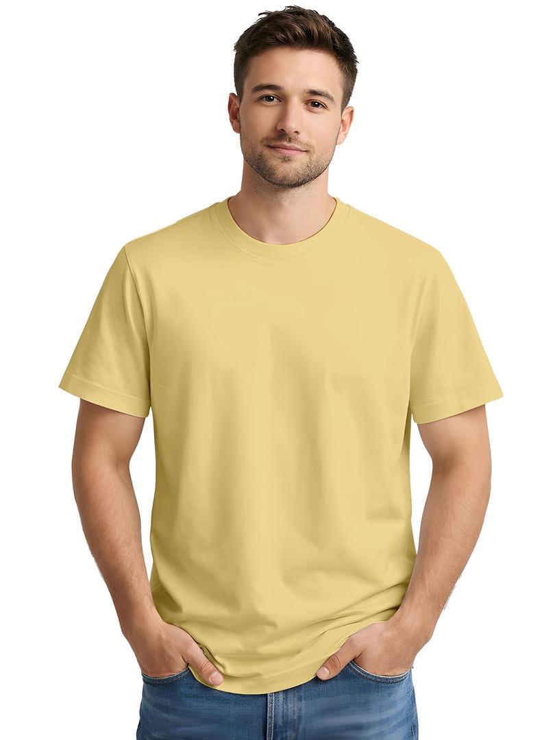 ENCIGER Men's Solid 100% Cotton T Shirt | Round Neck | Half Sleeve | Plain-Regular Fit (Beige, Medium) (M)