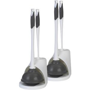 Clorox Toilet Plunger and Bowl Brush Combo Set with Caddy, 6.75" x 7" x 19.5", White/Gray, Pack of 2 - Plunger and Toilet Bowl Brush, Heavy Duty Plunger, Toilet Cleaning Brush, Freestanding Caddy