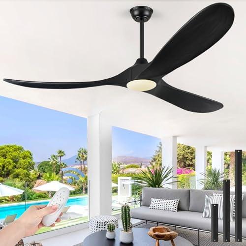 ABZ Ceiling Fans with Lights and Remote Control, 60 Inch Solid Wood Propeller Outdoor Ceiling Fan for Patios, 3 Blades Black Ceiling Fan with Light for Indoor Porch Farmhouse, Matte Black Piece Is Broken Off