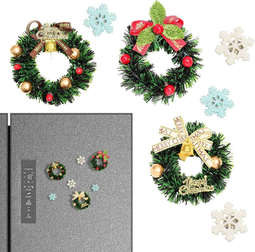 Christmas Snowflake Wreaths Fridge Magnets Set 3D Mini Vintage Xmas Ornaments Refrigerator Magnets Stickers for Home Office Holiday Kitchen Whiteboards Decorations