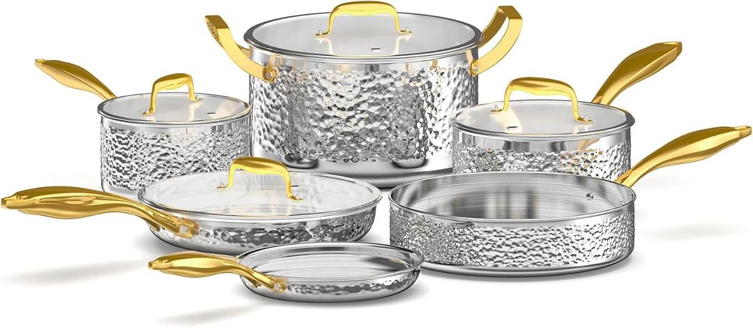 Hammered Stainless Steel Pots and Pans Set 10-Piece, Non-Toxic, Dishwasher Safe, Kitchen Cookware with Triple-Layer Clad Design for Even Heat & Durability