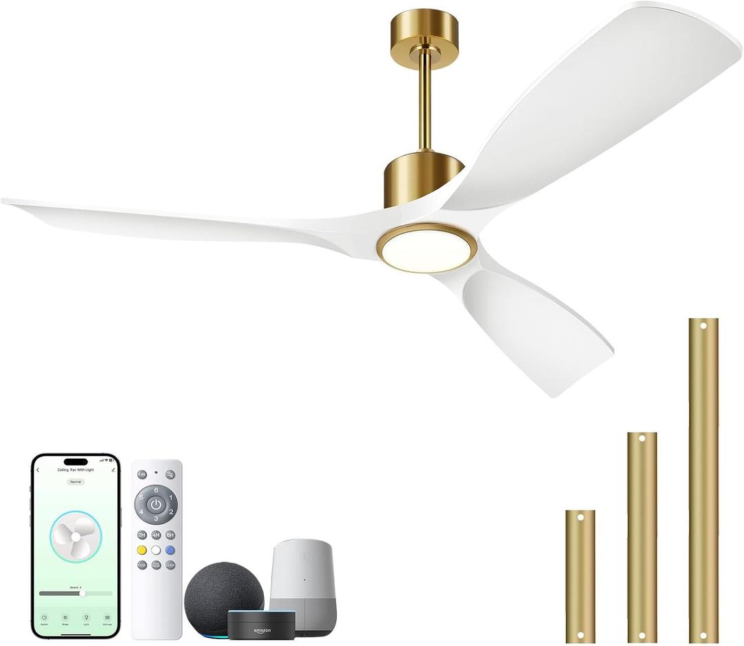 Ceiling Fans with Lights, Outdoor Ceiling Fans with Lights and Remote Control, 52 inch Modern Smart White and Gold Ceiling Fan, Outdoor Ceiling Fans for Patios 3 Blade Bedroom FarmhouseWhite