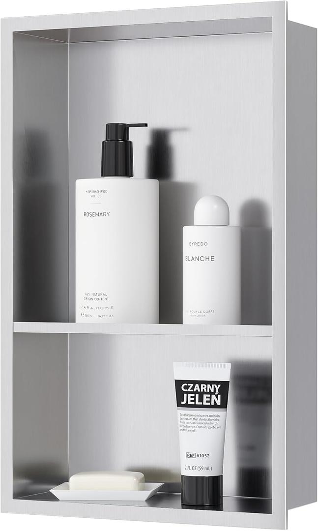 Stainless Steel Shower Niche 18" X 12", No Tile Needed Wall Niche Double Shelves, Recessed Shower Shelf for Bathroom Storage, Brushed Nickel