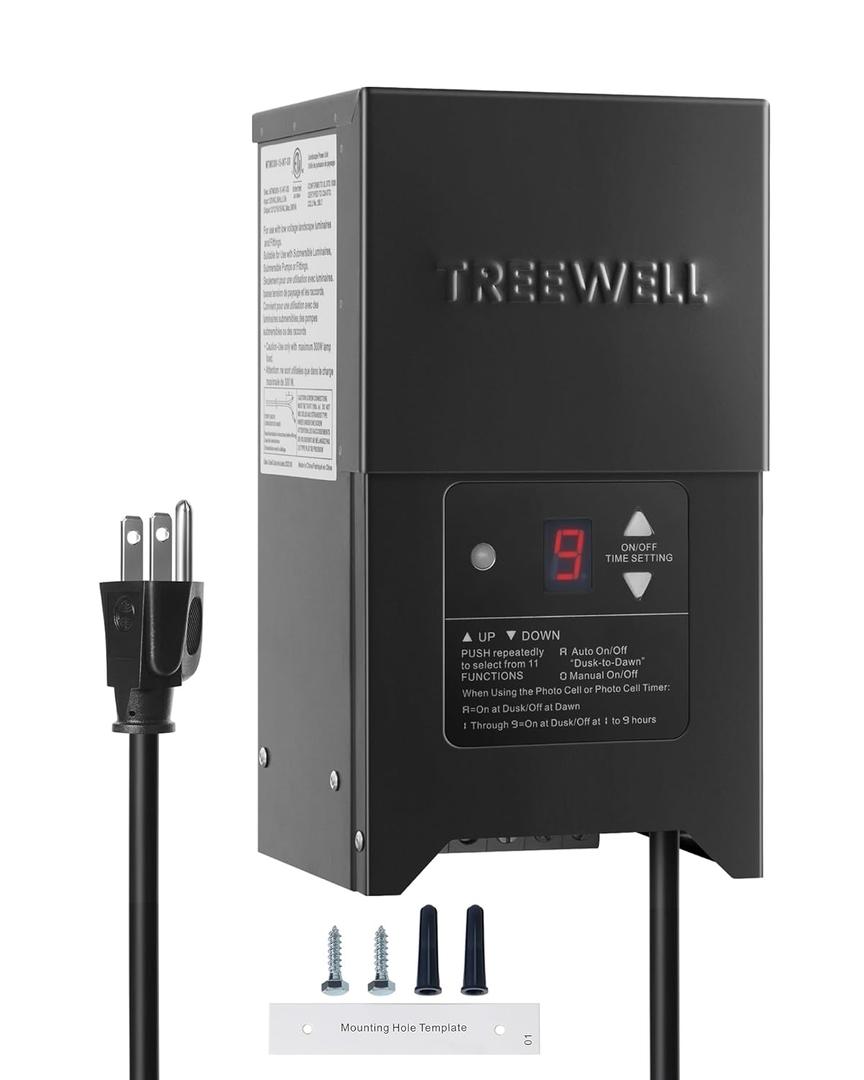 TREEWELL 300W Low Voltage Landscape Transformer, Outdoor Landscape Lighting Transformer with Photocell Sensor & Timer, 120V AC to 12V/15V AC, Stainless Steel Waterproof Transformer, Black, ETL Listed