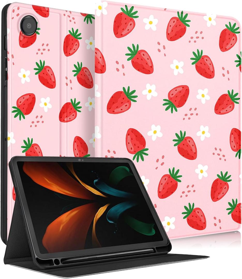 for Samsung Galaxy Tab A8 Case 10.5 Inch Kids Cute Girls Folio Women Girly Kawaii Teens Strawberry Pretty Aesthetic Unique Tablet Cover for Samsung A8 Tab Cases SM-X200/X205/X207