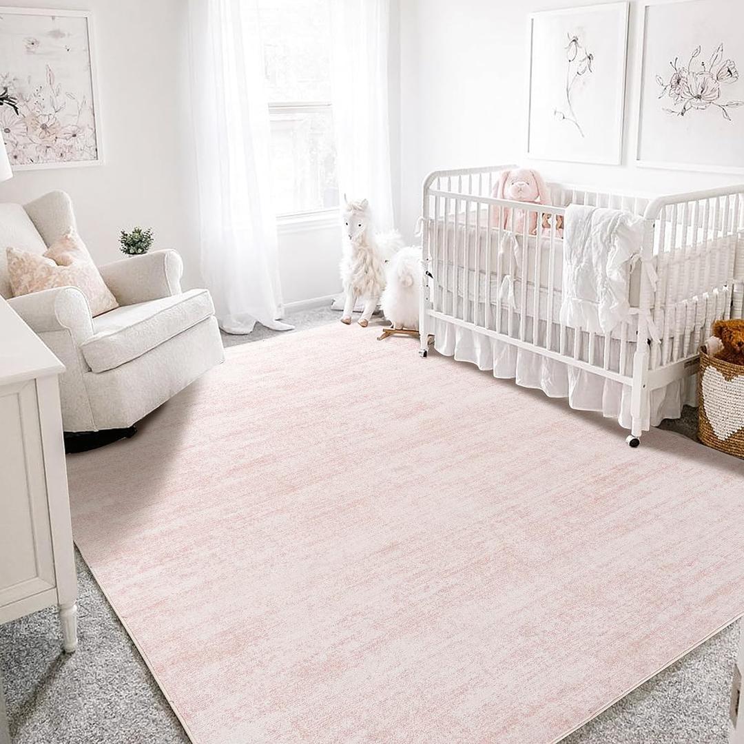 Light Pink Rug 5x7 for Nursery Bedroom, Abstract Cute Modern Washable Boho Area Rugs for Girls Room, Blush