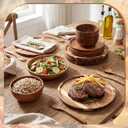 28 Pcs Acacia Wood Dinnerware Set, Round Wooden Plates, Solid Wooden Bowls and Spoon Fork Knife Cutlery Set Acacia Wood Tableware Supplies, Easy Cleaning Lightweight for Dish Snack Dessert