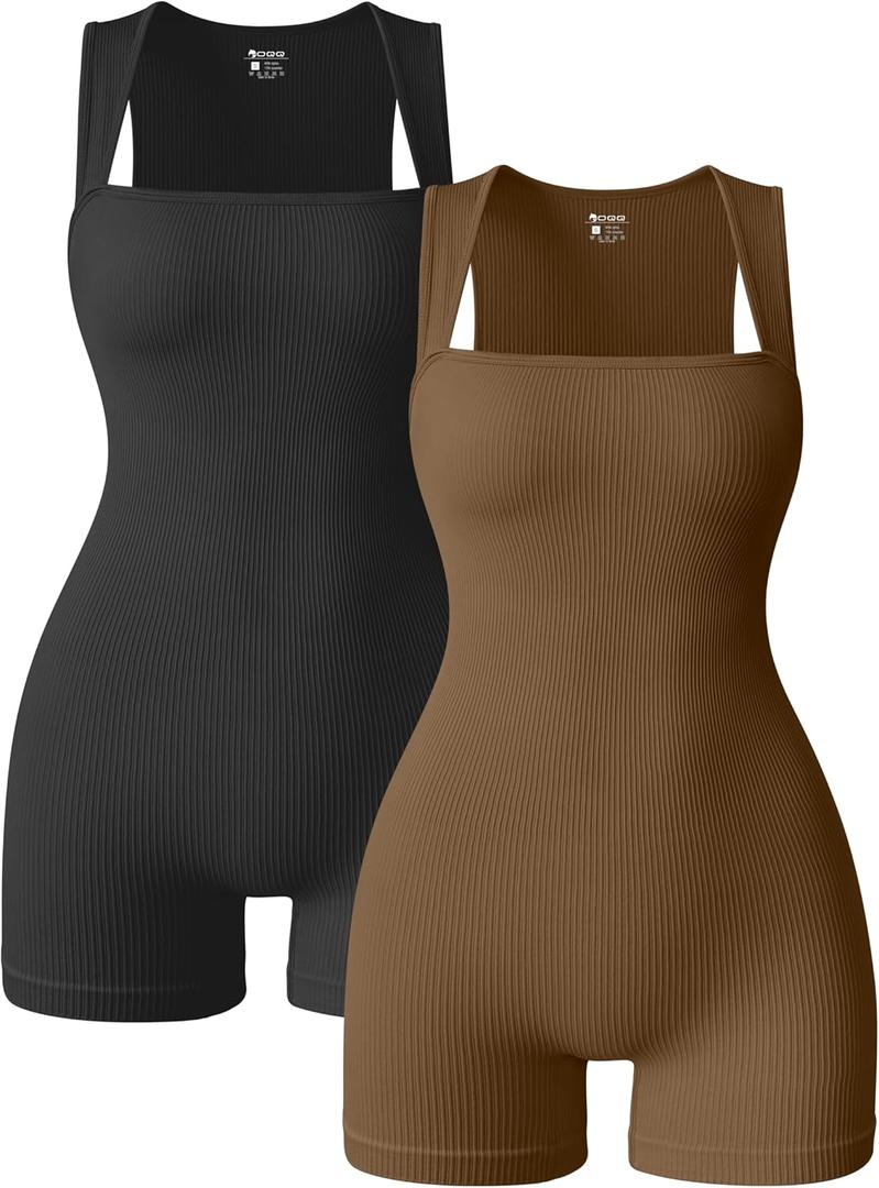 OQQ Women 2 Piece Rompers Yoga Stretch Strappy Square Neck Sleeveless Exercise Rompers (Medium, Black,coffee)