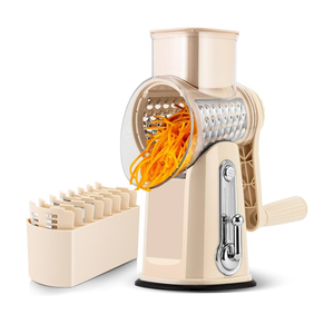 SUSTEAS Rotary Cheese Grater with Handle - Vegetable Shredder with 5 Well-designed Blades & Strong Suction Base,Round Mandoline Slicer & Food Chopper for Kitchen,with Blade Storage Box(Yellow)