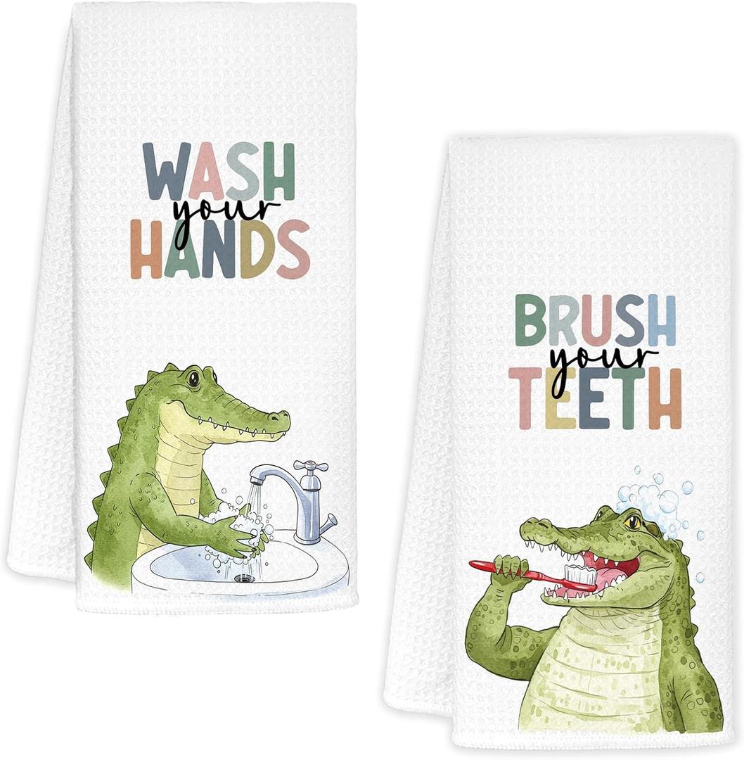 Alligator Bathroom Hand Towels, Crocodile Bathroom Decor, Alligator Lover Gifts Decorative Hand Towels for Kids Bathrooms, Funny Coastal Beach Kitchen Towels, 16x24 Inch Set of 2