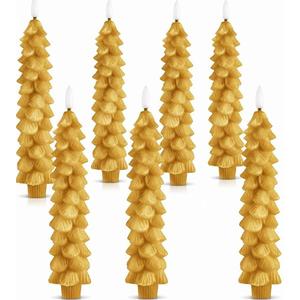 Funtery 6 Pcs LED Christmas Tree Flameless Taper Candles Real Wax Battery Operated Candlestick Lights with 3D Flame and Remote Timer Window Fireplace(Gold, Christmas Tree)