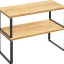 SONGMICS Cabinet Organizer Shelf, Set of 2 Kitchen Counter Shelves, Kitchen Storage, Spice Rack, Stackable, Expandable, Metal and Engineered Wood, Ink Black and Natural Beige UKCS200B01 (15.6"W)