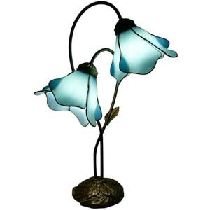VirtueKing Blue Lotus Stained Glass Lamps Double Headed Desk Lamp 2-Light Tiffany Table Lamp 8" Wide 24" Tall Tiffany Style Table Lamp LED Bulb Included