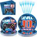 Grencian 96 Pcs 10th Video Game Birthday Party Decorations Blue Video Game Level 10 Birthday Plates and Napkins Tableware Sets for Kids Boys 10 Years Old Gamer Gaming Party Supplies Favors Serves 24