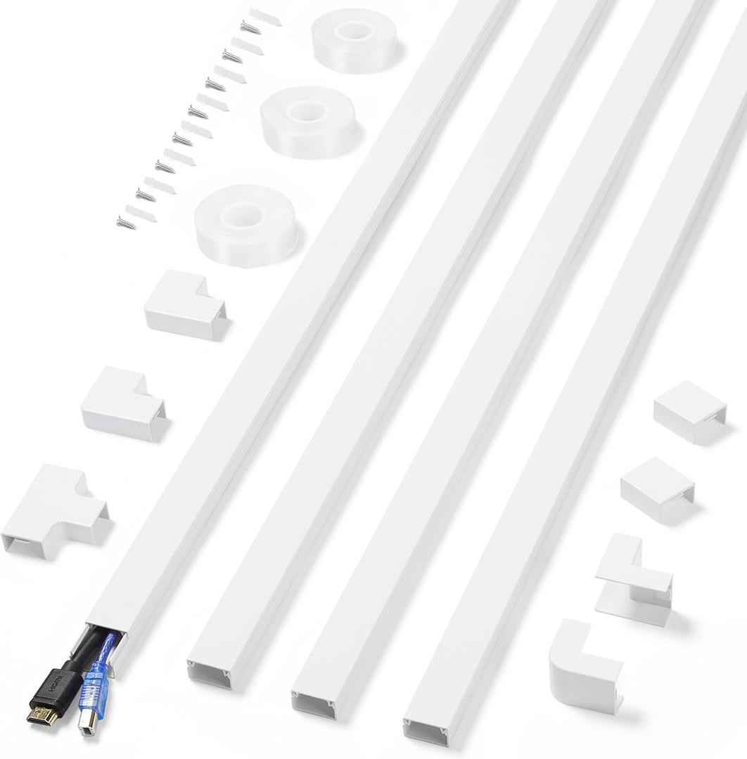 Cord Covers for Wires on Wall Extra-Long, 13.12ft TV Cord Hider Kit, Paintable Cable Management Concealer, TV Wire Hider for Wall, White Cable Raceway Channel, 4 x L39in x W0.95in x H0.55in