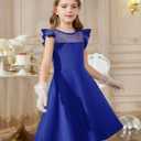 Flypigs Girls Dresses Summer Formal Party Wedding Ruffle Sleeve Mesh Knee Length A Line Dress with Pockets (Blue), Size 14-16
