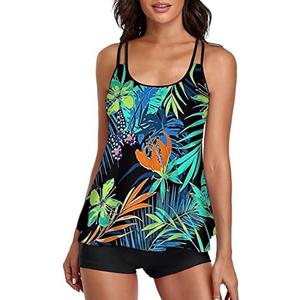 Urchics Womens 2025 Tankini Swimsuits Tummy Control Flowy Swimwear Two Piece Bathing Suits Swim Tank Top with Boyshorts, M