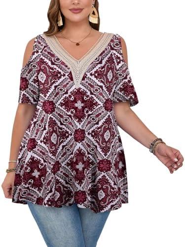 LARACE Cold Shoulder Tops for Women, Plus Size Summer Tops, V Neck Short Sleeve Lace Tunic Tops to Wear with Leggings, 2XL