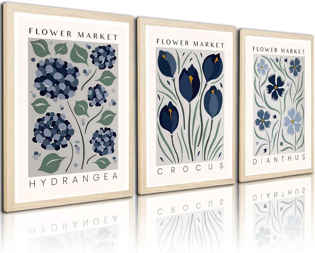 3pcs Framed Canvas Print Blue Floral Botanical Wall Art Vintage Hydrangea Crocus Dianthus Flower Poster Floral Gallery Picture For Bedroom Living Room Decor 16x24 Inches Ready To Hang