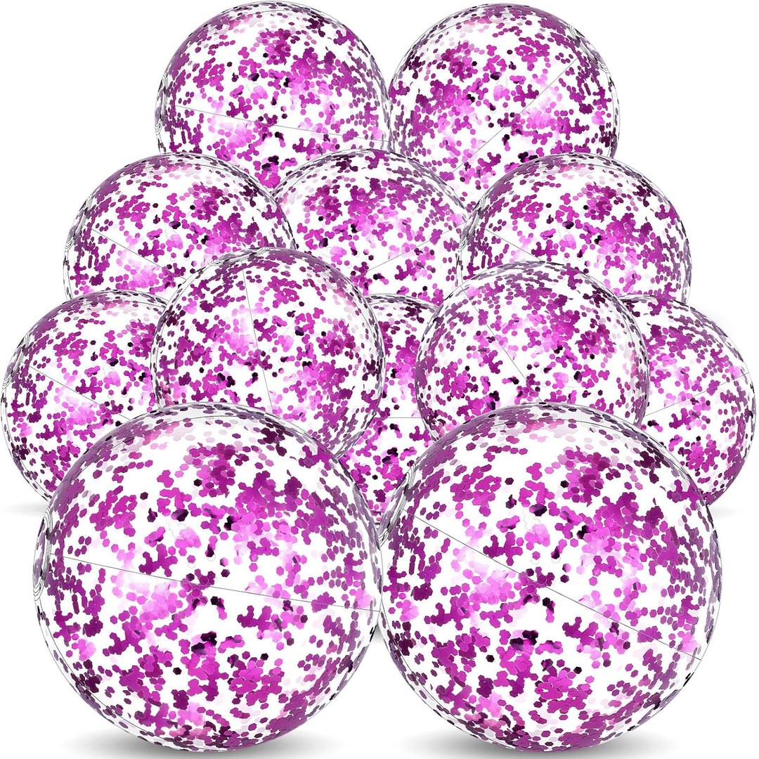 Lewtemi 12 Pcs Glitter Confetti Beach Balls Bulk, 16 Inch & 24 Inch Large Inflatable Clear Pool Toy Balls with Sequins, Summer Luau Party Favors Decorations for Kids Adults(Purple)