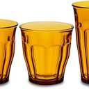 Duralex Made In France Picardie 18-Piece Glass Tumbler Drinking Set, Amber. Set includes (6 Units) 8-3/8 oz Tumblers; (6 Units) 10-3/8 oz Tumblers; (6 Units) 12-1/8 Tumblers