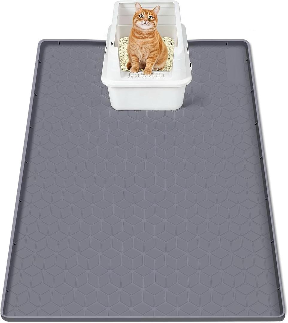 SORKUT Cat Litter Mat 34x22 Inch, Large Silicone Litter Box Mat for Floor Protection, Waterproof & Non-Slip, Soft for Cat Paws, Easy to Clean, Leak-Proof Edge, Gray