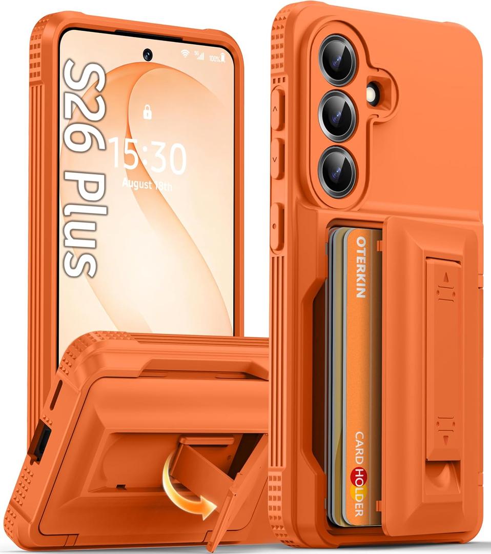 Oterkin for Samsung Galaxy S26 Plus Case with Card Holder & Stand, Orange | Holds 4-5 Cards, RFID Blocking Wallet, Full Camera Protection, Military Grade Shockproof Phone Case for Samsung S26 Plus 6.7"