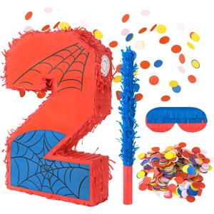 Superhero Birthday Decorations, Number 2 Spider Pinata 16 Inch with Piata Stick, Blindfold, Confetti for Boys and Girls Kids Birthday Party Supplies (2th)