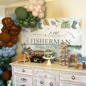 JeVenis Fishing Baby Shower Decorations Gone Fishing Baby Shower Decorations A Little Fisherman Is on the Way Banner Blue Green Brown Balloons