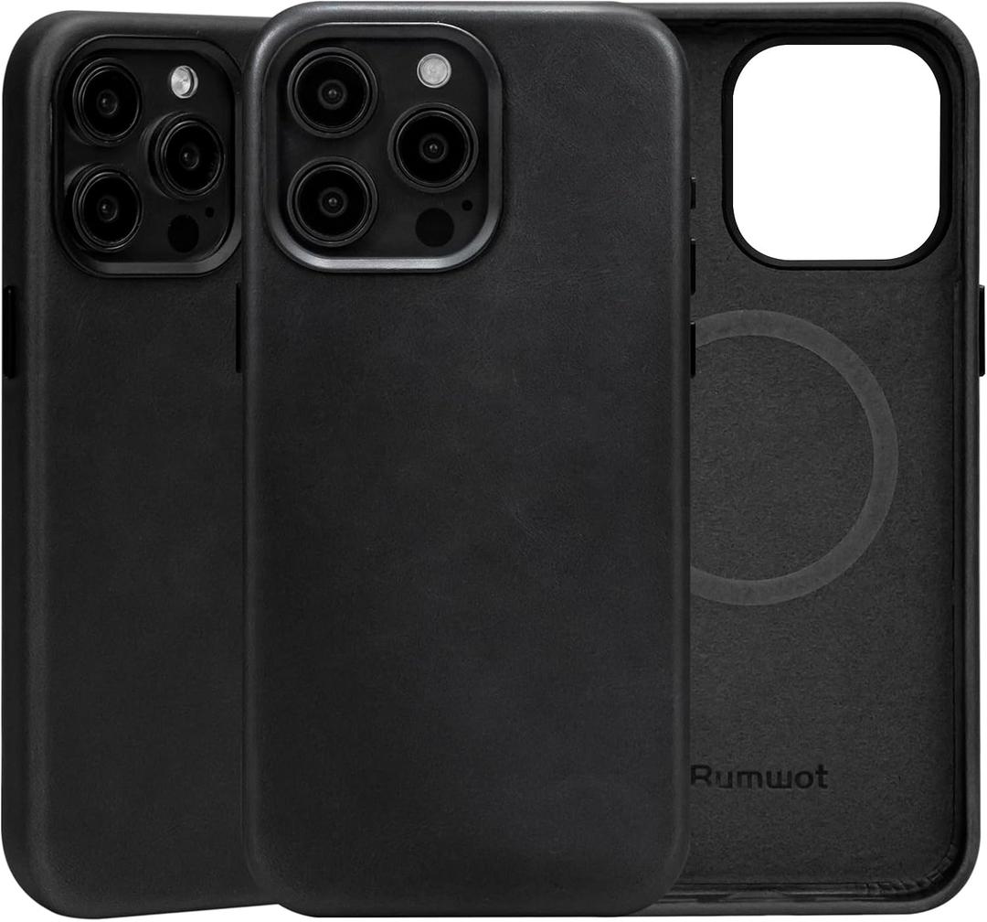 Unique Patina Leather Case for iPhone 15 Pro Black, Oil Wax Leather, Compatible with MagSafe, Slim Fit, Vintage Aesthetic, Metal Buttons and Camera Bezel for Men Women