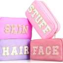 4 Pcs Preppy Makeup Bags Chenille Letter Stuff Bag Nylon Cosmetic Pouch Cases with Zipper for Women Travel Toiletry